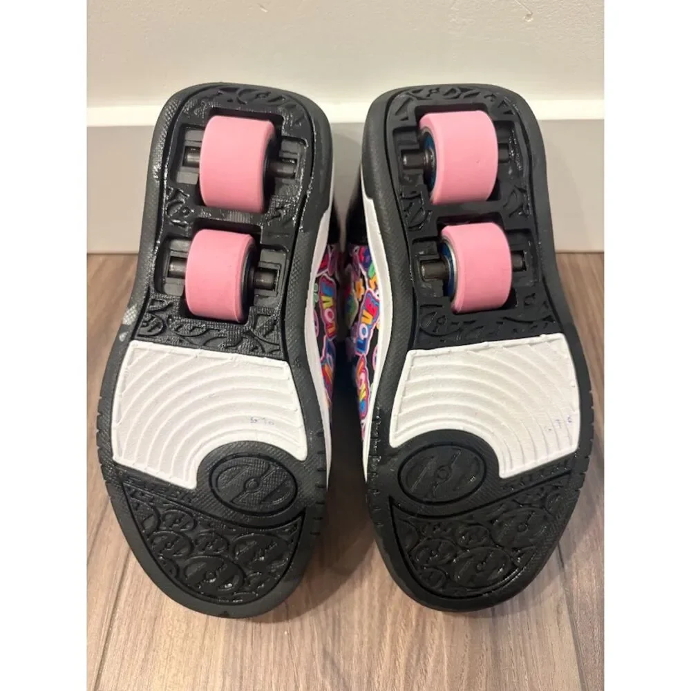 Heelys Kolect X2 Girls Youth 12C Black Pink LOVE Print Double Wheel Skate Shoes